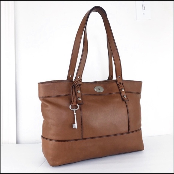 Fossil Long Live Vintage Rich Tan Rugged Leather Tote Carryall Shoulder Bag - Picture 3 of 15